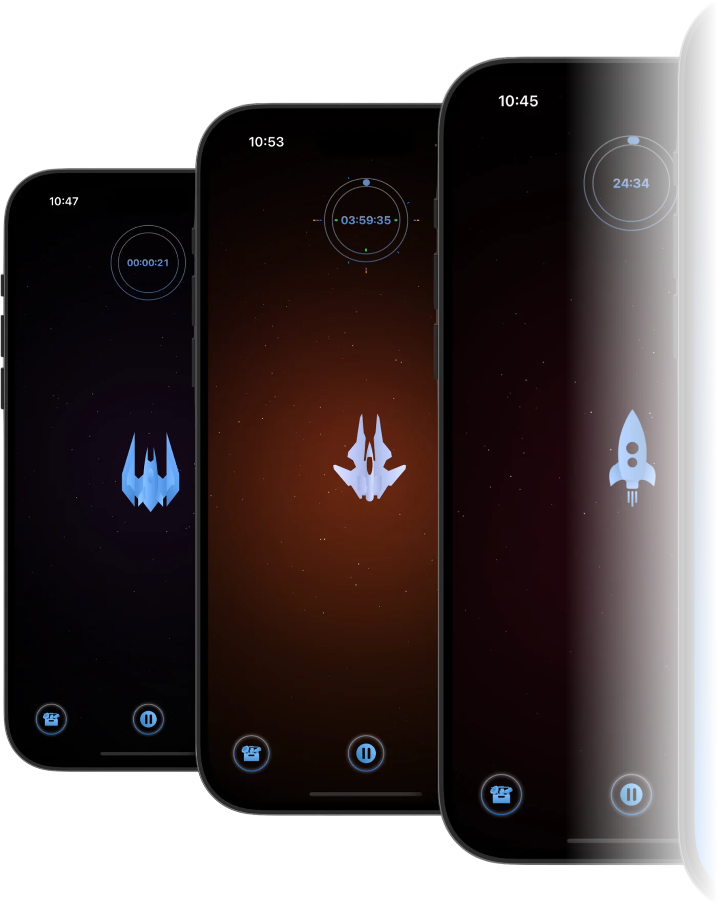 Three AstroFocus flights in progress, each showing the session timer and the ship in flight